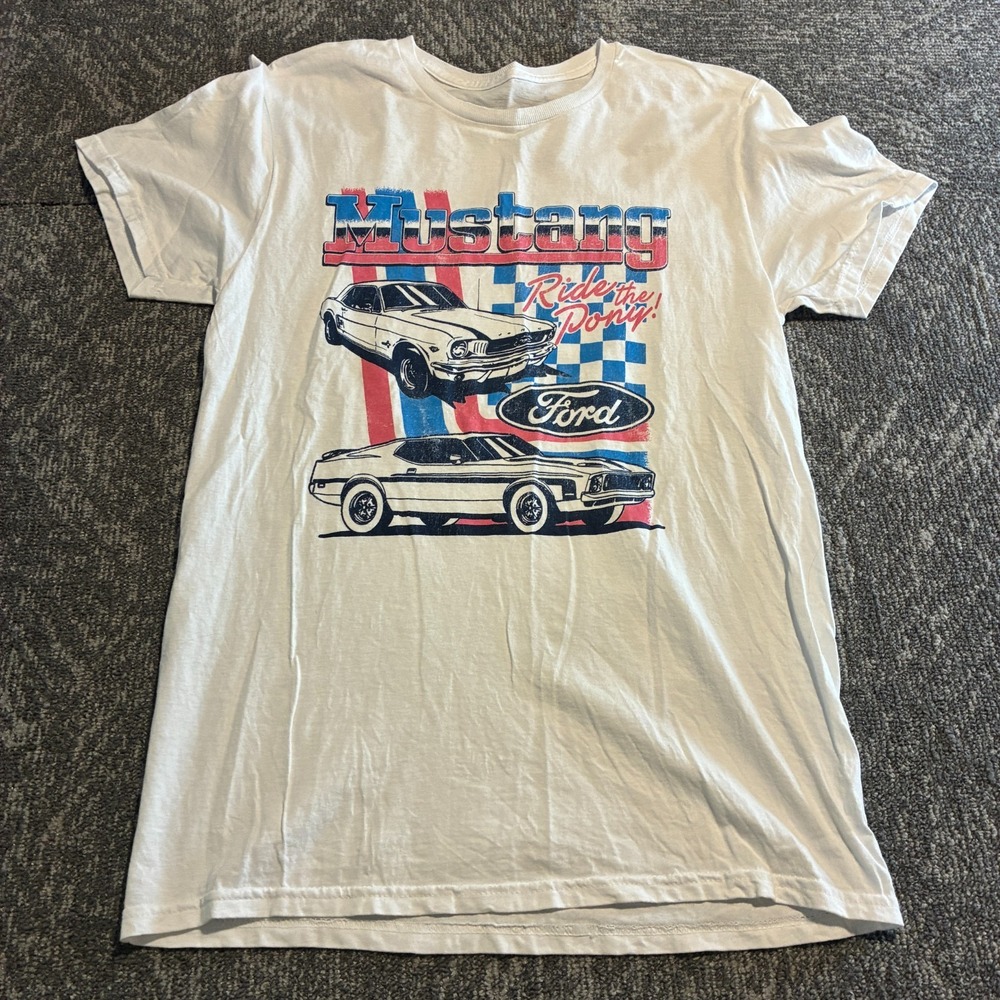 Ford Mustang Ride The Pony T-Shirt Men's S White Classic Muscle Car Graphic
